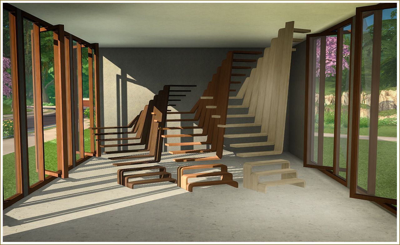 Artistic looking abstract stairs that would look good against a wall shown in the middle of a windowed room.