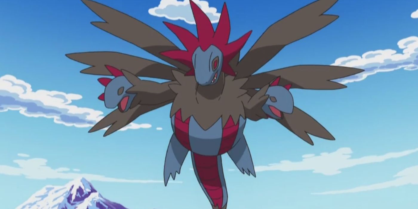 A Hydreigon flying in the sky in the Pokemon anime.