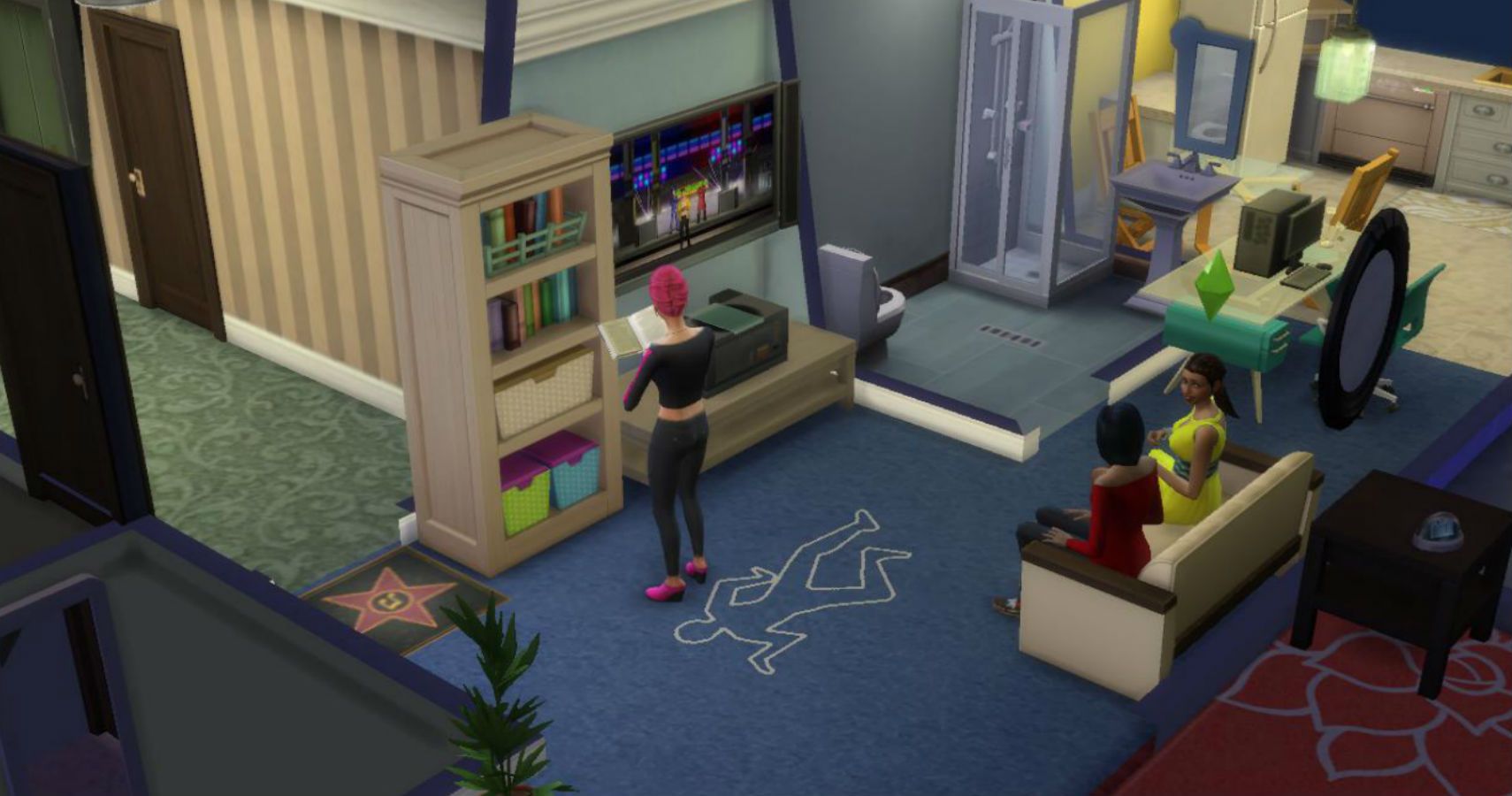 A chalk outline on the floor in a san myshuno apartment.
