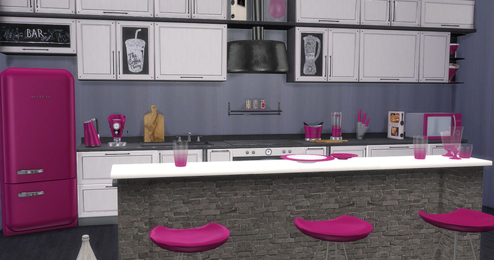 a kitchen with island and bar stools. units are black a nd white while appliances are bright pink.