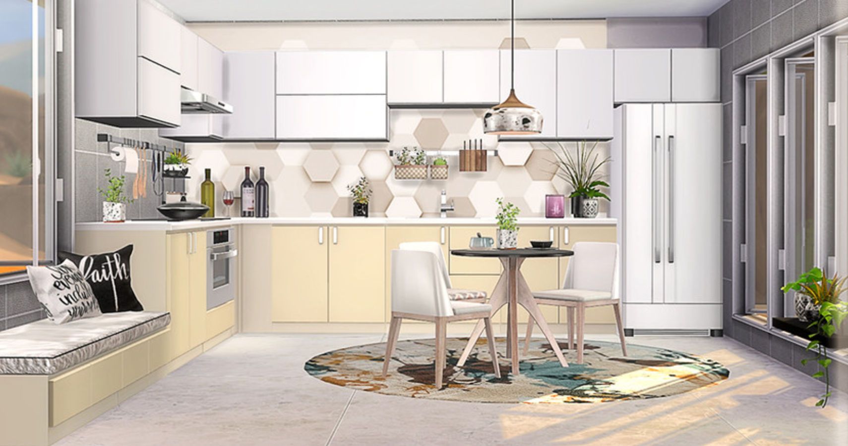 a simple modern kitchen with pale cream counters and white wall units. Shows an oven, fridge, sink and seating in the image.