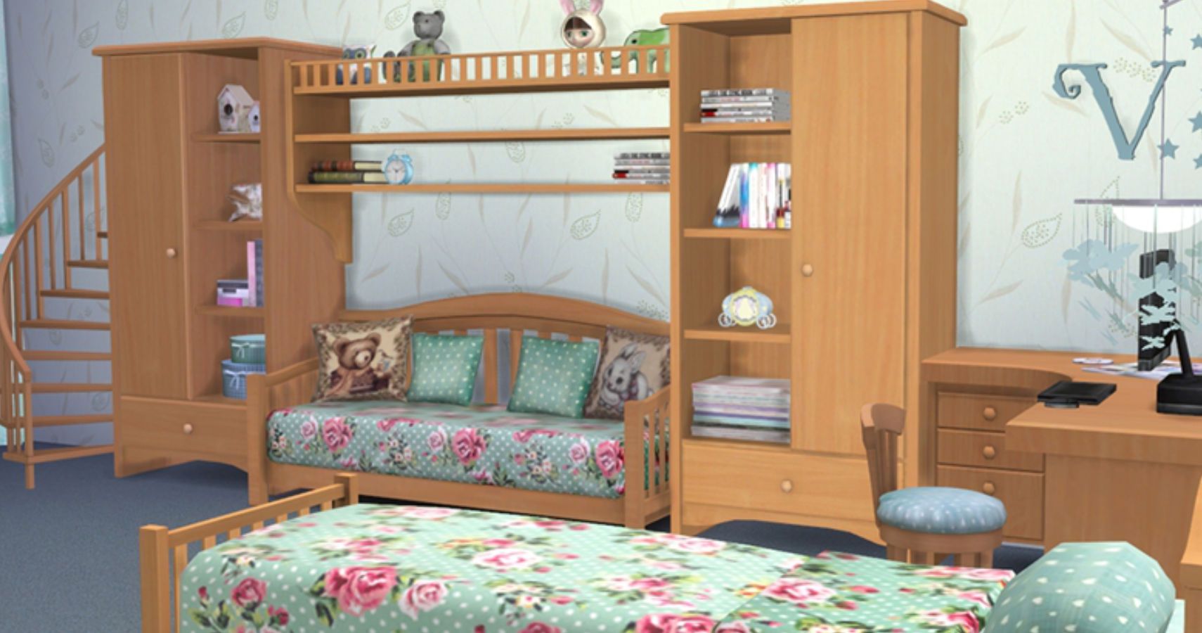 A childs bedroom with bed, shelving units and a spiral staircase shaped shelf linking up to a wardrobe.