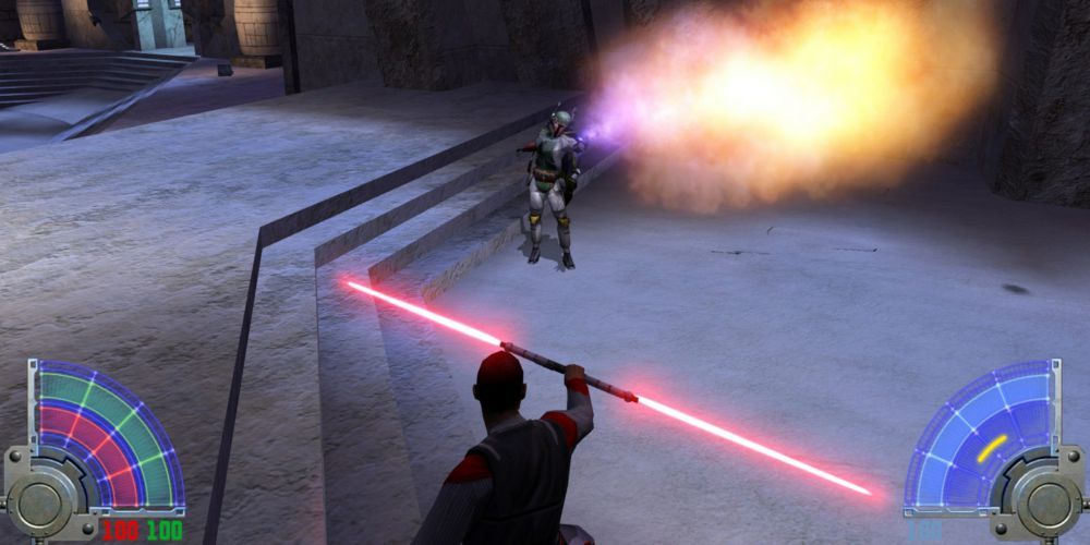 The main protagonist with a double-bladed red lightsaber like Darth Maul's battling a Mandalorian character in Jedi Academy.