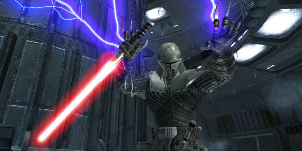 A Sith enemy sending out lightning and holding a unique red lightsaber blade in The Force Unleashed.