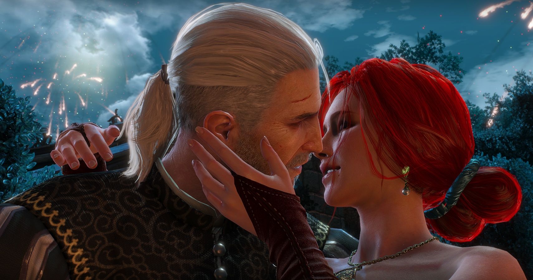 Witcher 3-Screenshot von Geralt und Triss beim Küssen