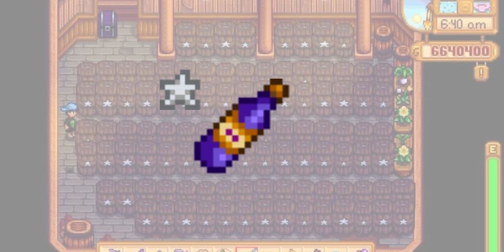 Stardew Valley: An image of Silver Quality Wine hovering about another image of a full cellar of Casks.