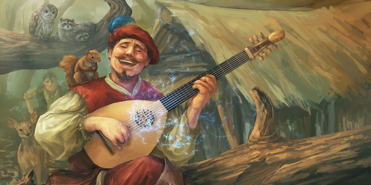 Dungeons and Dragons Human bard with guitar plays magical song for woodland creatures 