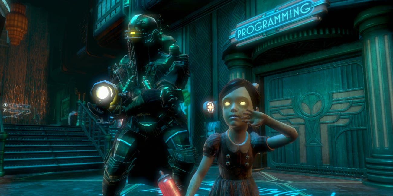 BioShock 2: Minerva's den - A Little Sister being protected outside the Programming Room