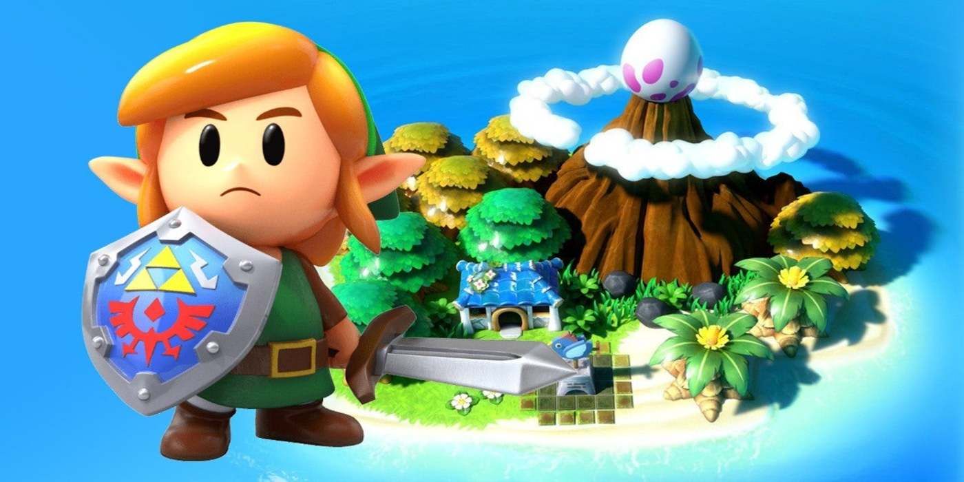 Link holds his sword and shield in front of Koholint Island