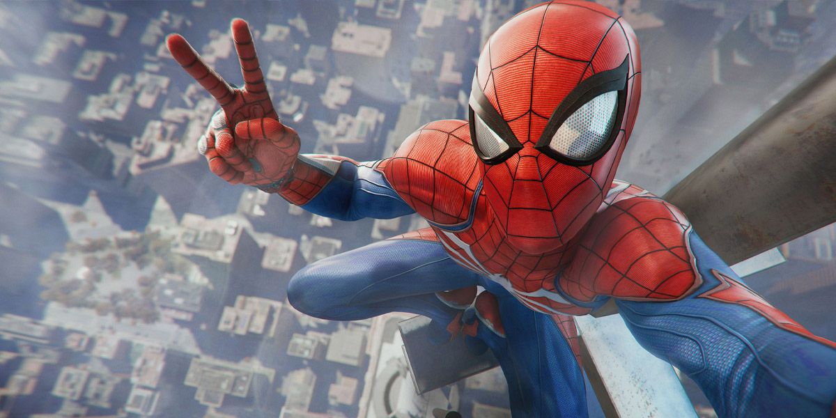 Spider-Man posing for a selfie at the top of a skyscraper