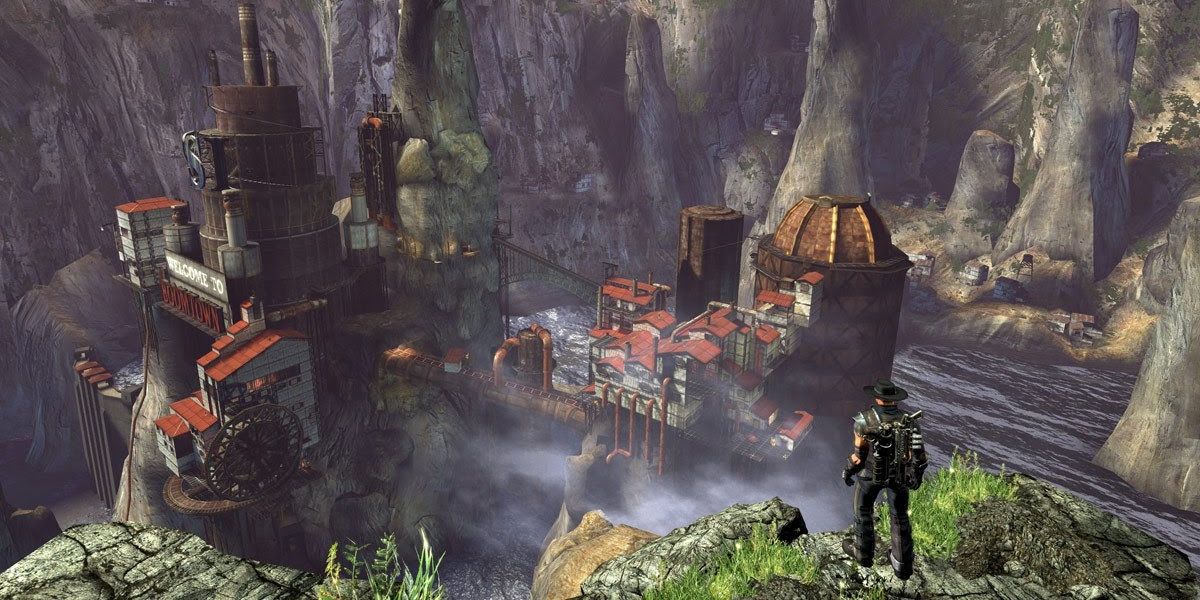 The main player character in Damnation gazing at the steampunk Western frontier, full of grand and unique architecture near a river.