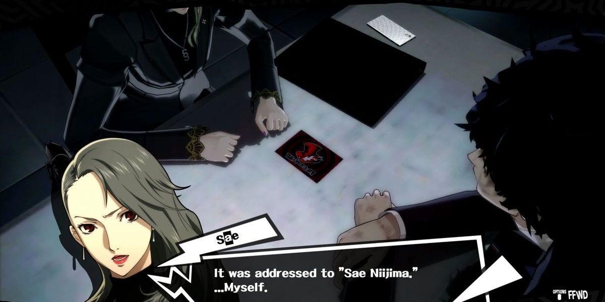 Persona 5 Player and Sae in interrogation 