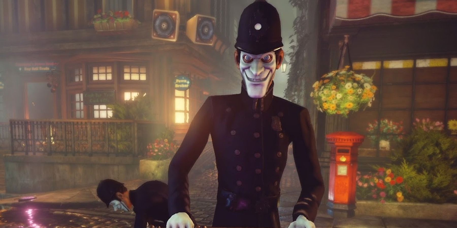 An antagonistic Bobby facing the camera with a creepy white Happy Face mask, and another behind him examining something on the street of Wellington Wells.