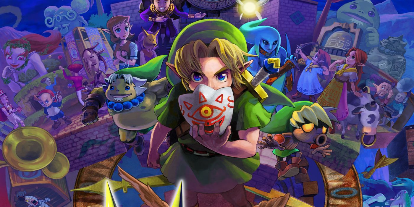 Link holds a mask to his face as the citizens of Clock Town stand behind him
