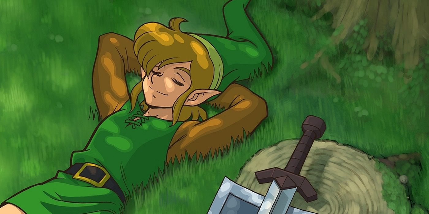 Link resting underneath a tree with sword and shield unequipped The Legend of Zeldapromo art