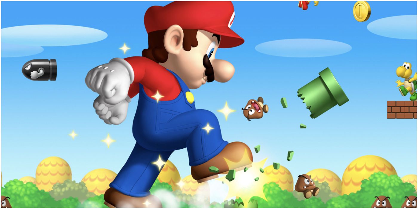 Giant Mario stomping and plowing through foes in New Super Mario Bros DS