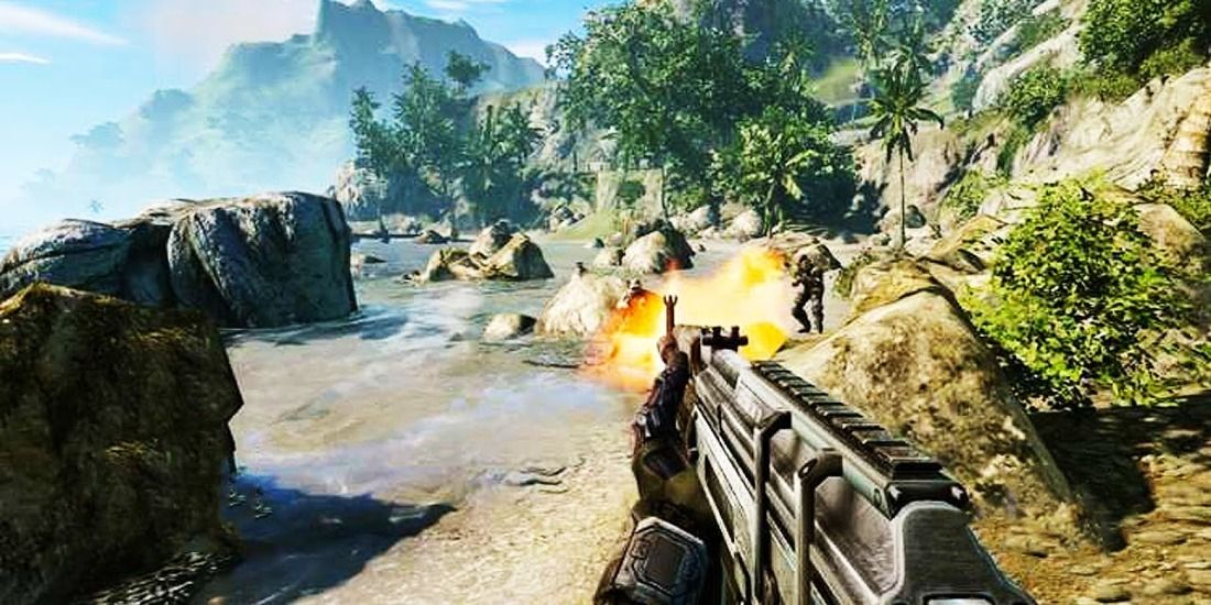 Firing at innocent rocks on a beach in Crysis Remastered
