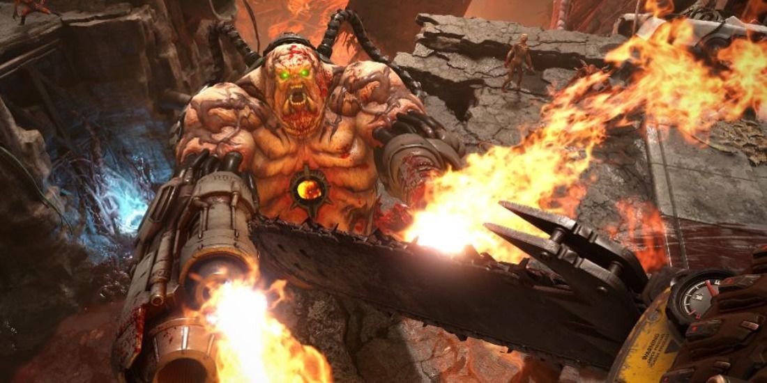 Flying at a flamethrower-handed demon with a chainsaw in Doom Eternal
