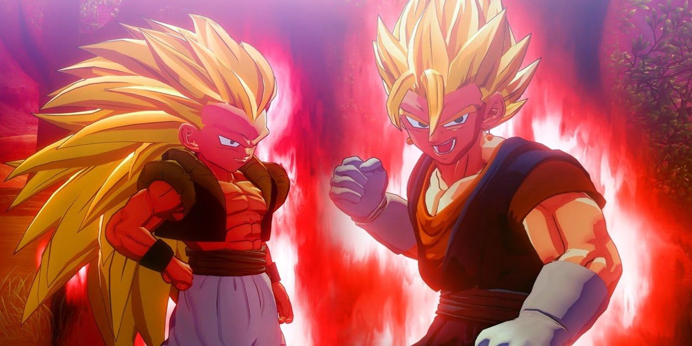 Gotenks and Vegito charging their Ki with red glowing auras.