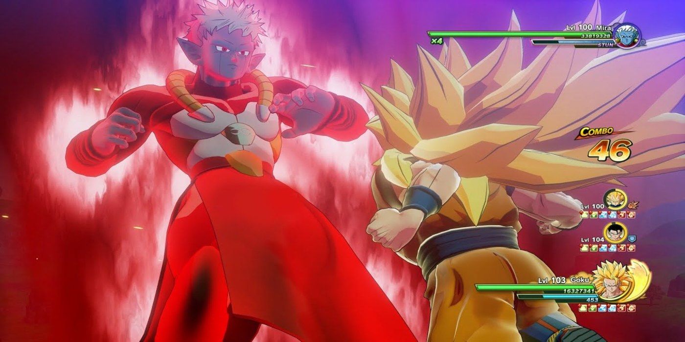 Mira, with a red glowing aura, is about to get hit by Goku SSJ 3.