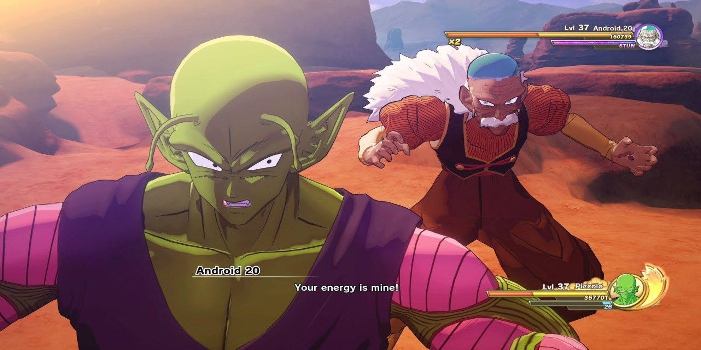 Android 20 behind Piccolo, about to drain his energy.