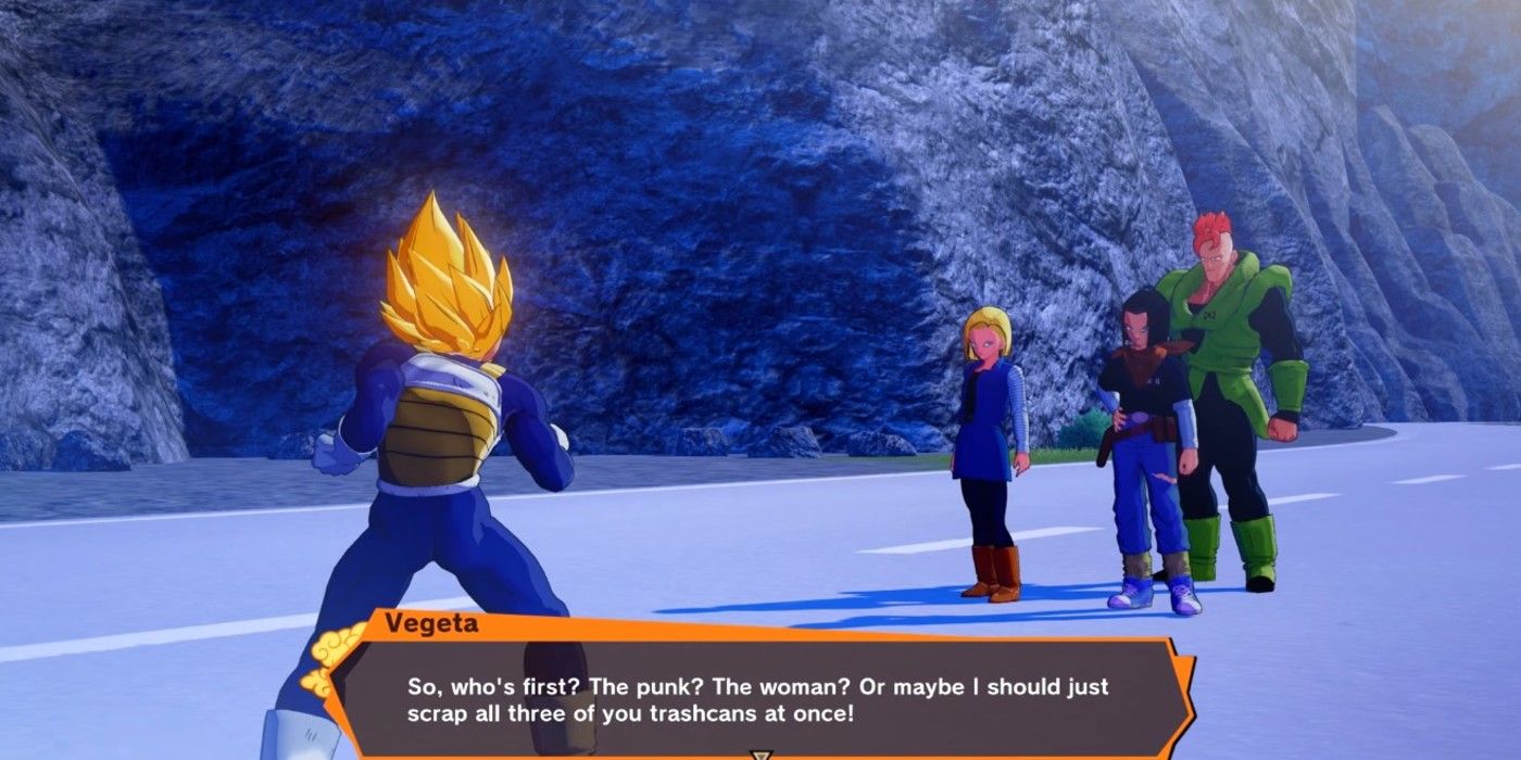 Vegeta threatening Android 17 and 18 while Android 16 is behind them.