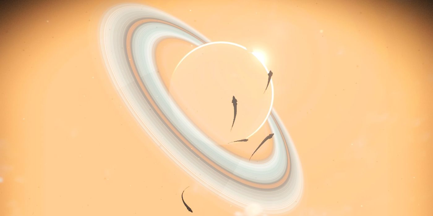 looking up at planet with ring and creatures flying in sky