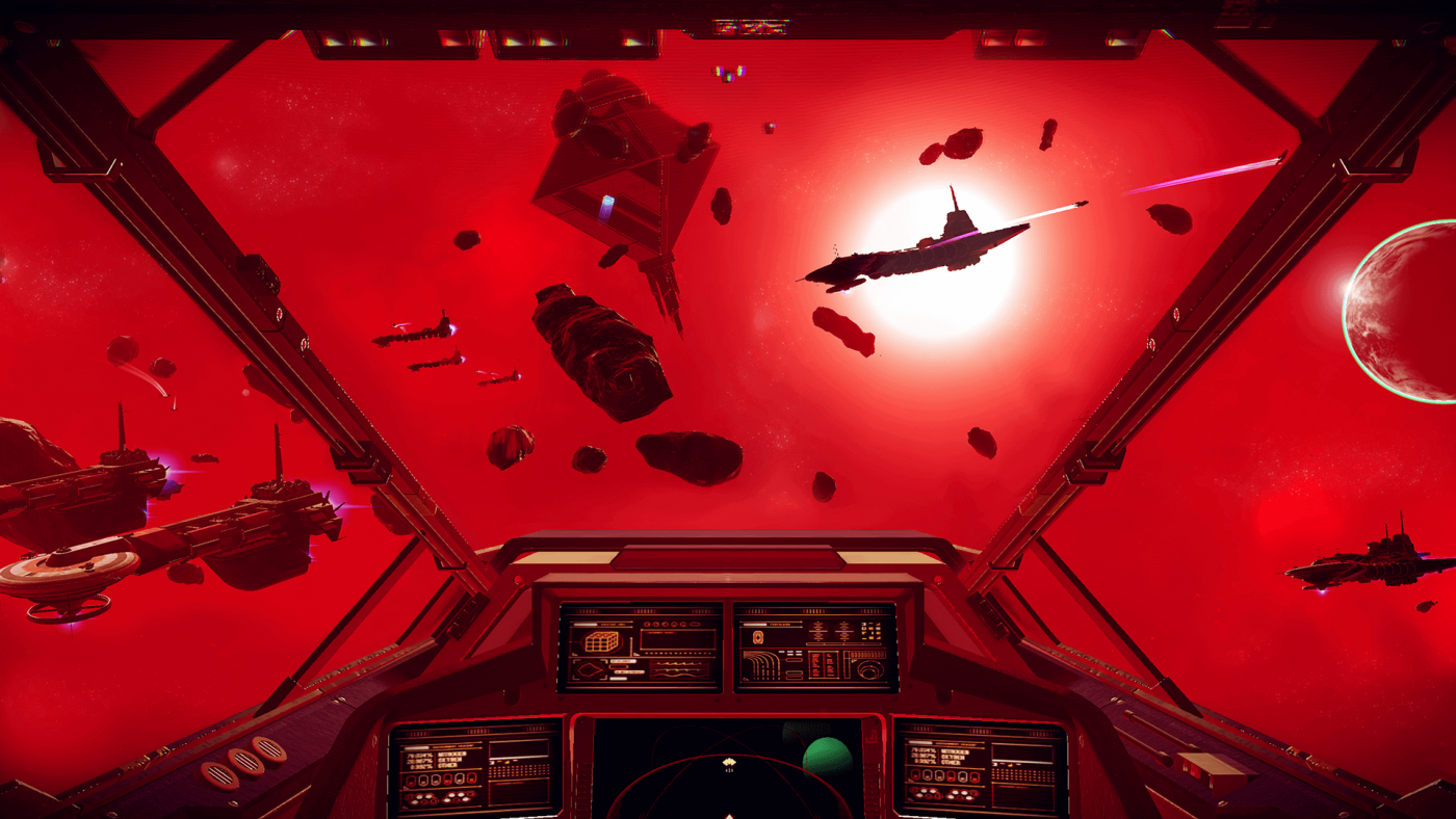 inside a ship in space, red sun and space station in distance