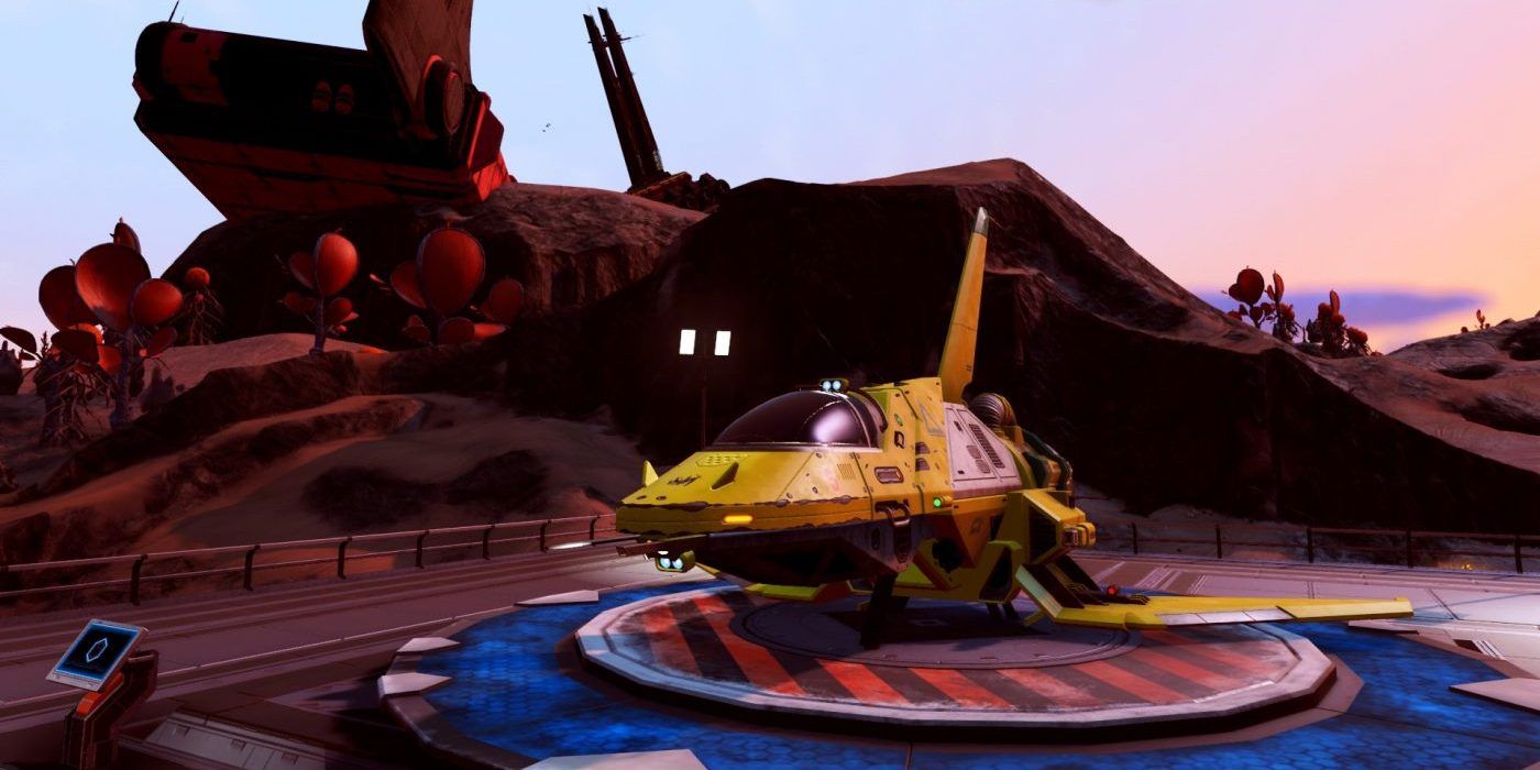 No Man's Sky starship on landing pad