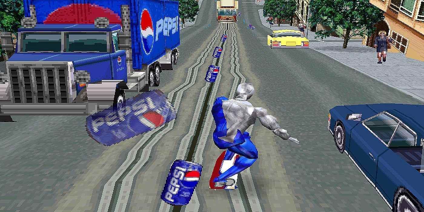 pepsiman skating down busy street collecting cans