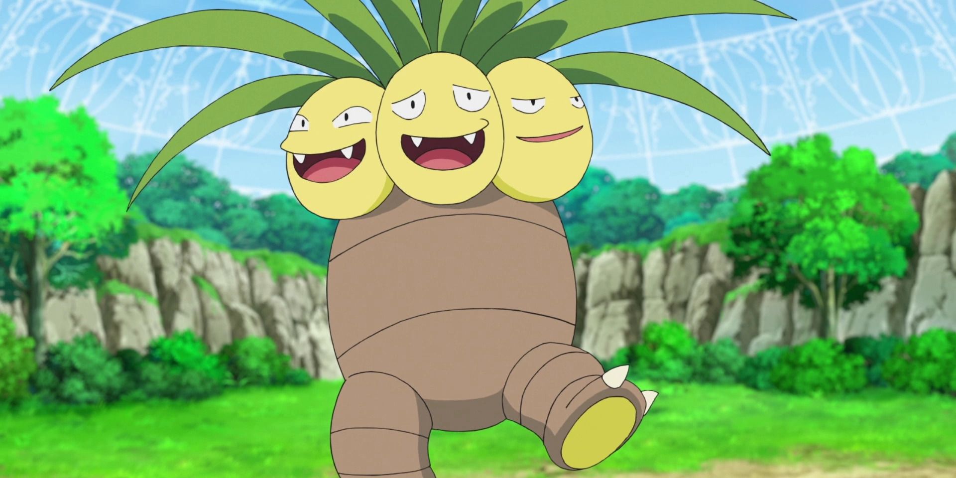 The Kanto version of Exeggutor walking in a sanctuary from the Pokemon Anime.