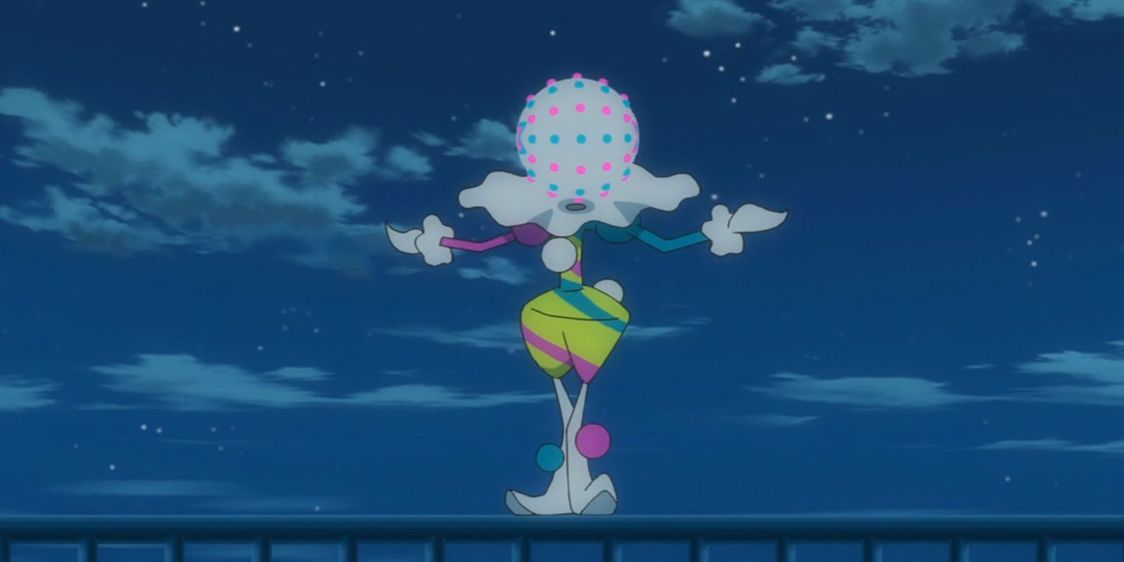 Pokemon: Ultra Beast Blacephalon stands on a railing with its arms outstretched.