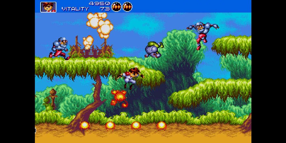 The opening areas of the action-packed Gunstar Heroes.