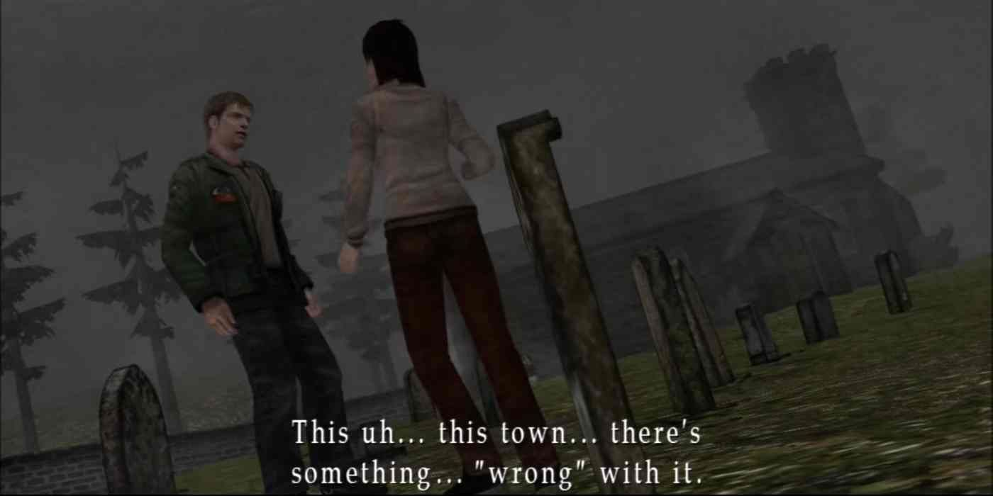 A screenshot of James Sunderland and Angela Orosco in the graveyard in Silent Hill 2.