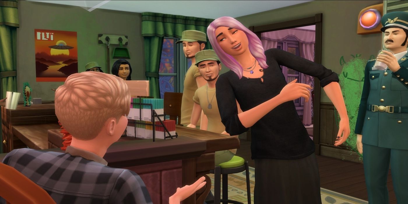 A Sim with long purple hair laughing with other Sims