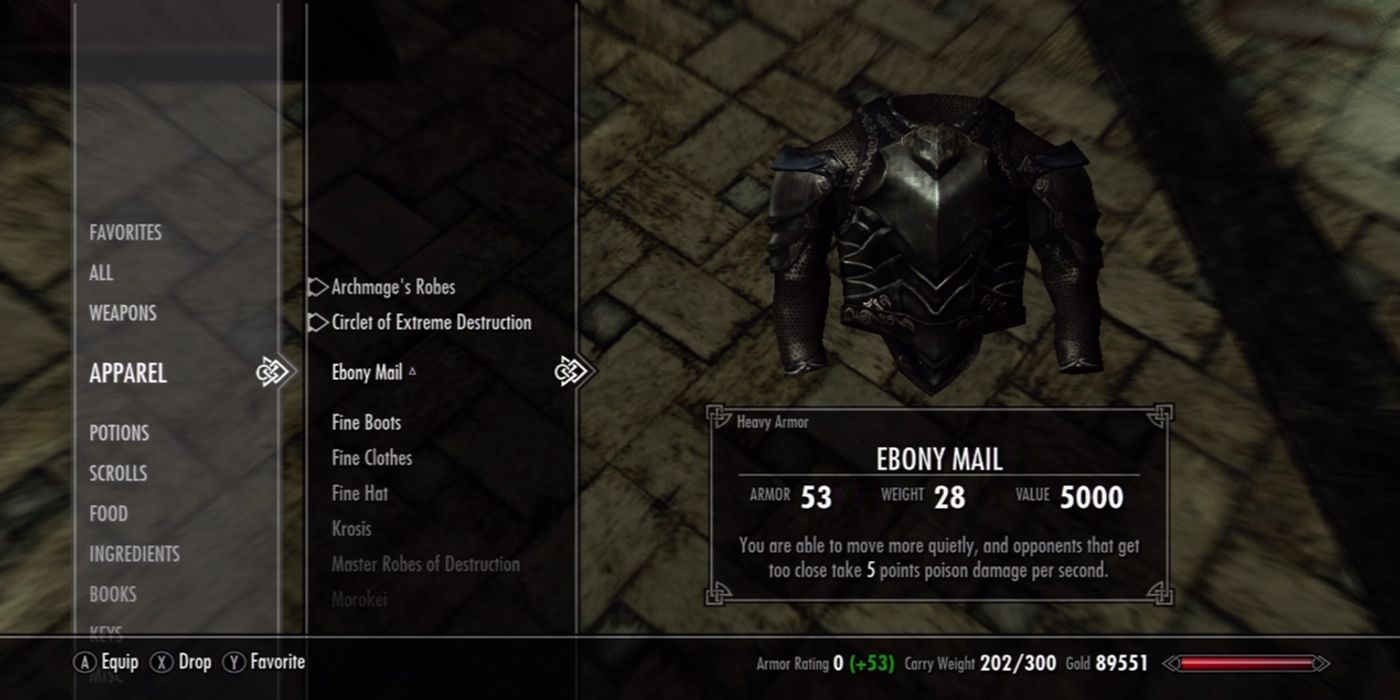 Skyrim Boethiahs Ebony Mail showcased in the player's inventory