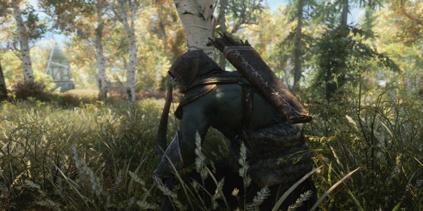 Skyrim Character Sneaking With A Bow