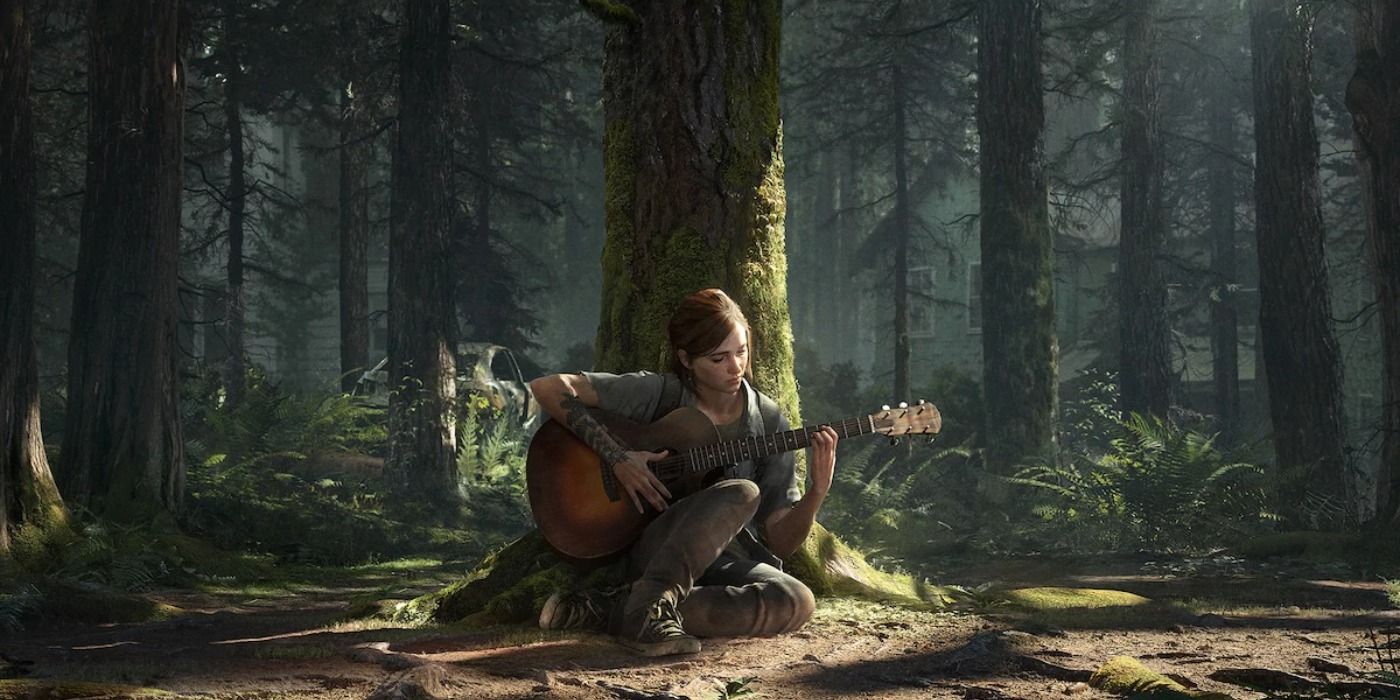 image of Ellie alone in a forest playing a guitar from The Last of Us 2