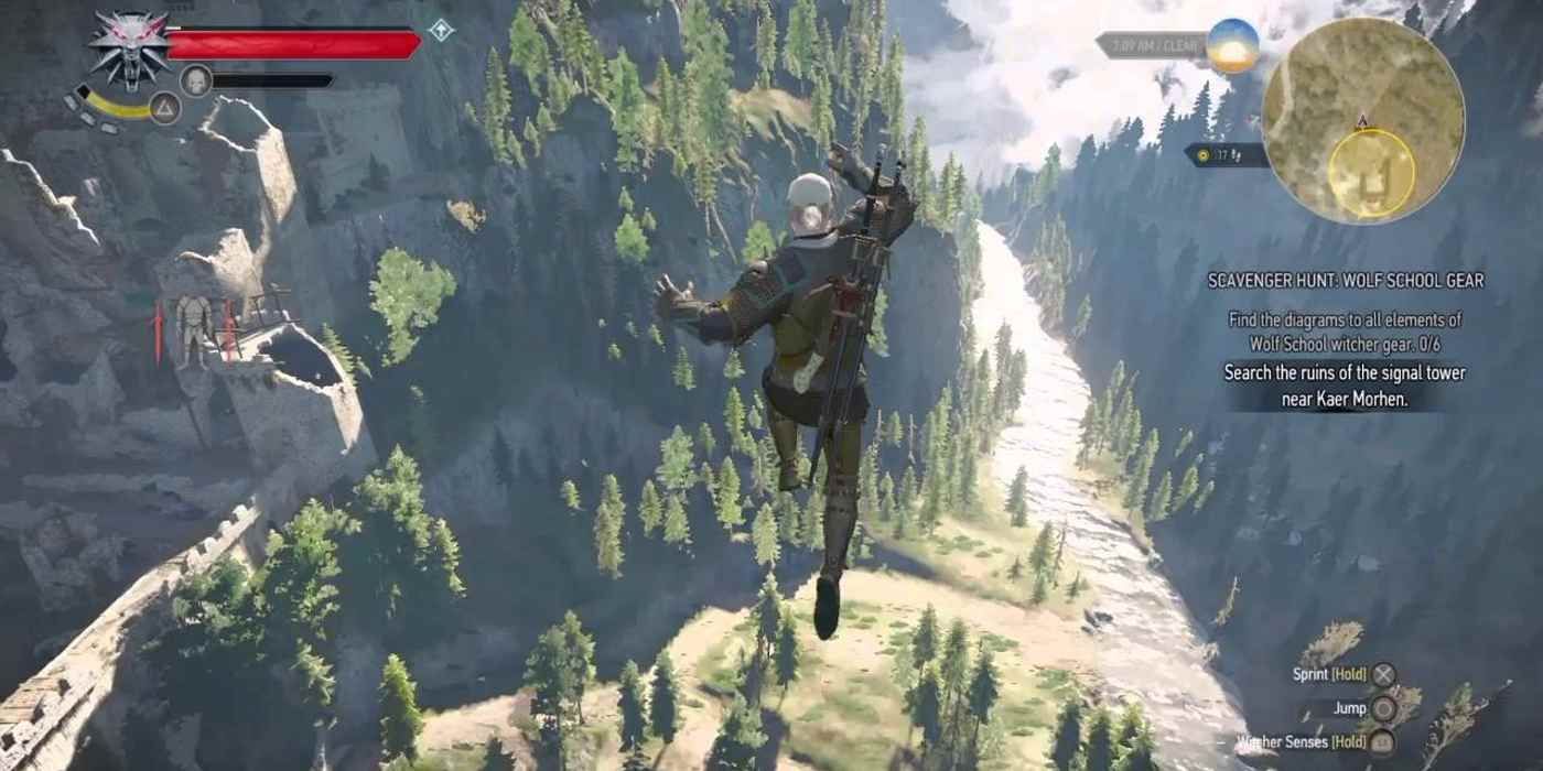 Geralt jumping off of a mountain in The Witcher 3
