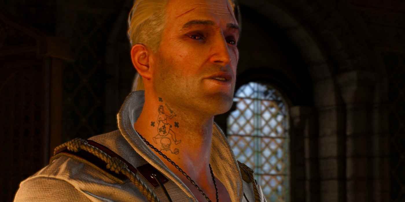Geralt with a neck tattoo in The Witcher 3