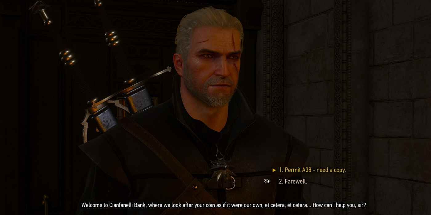 Geralt trying to get Permit A38 in The Witcher 3