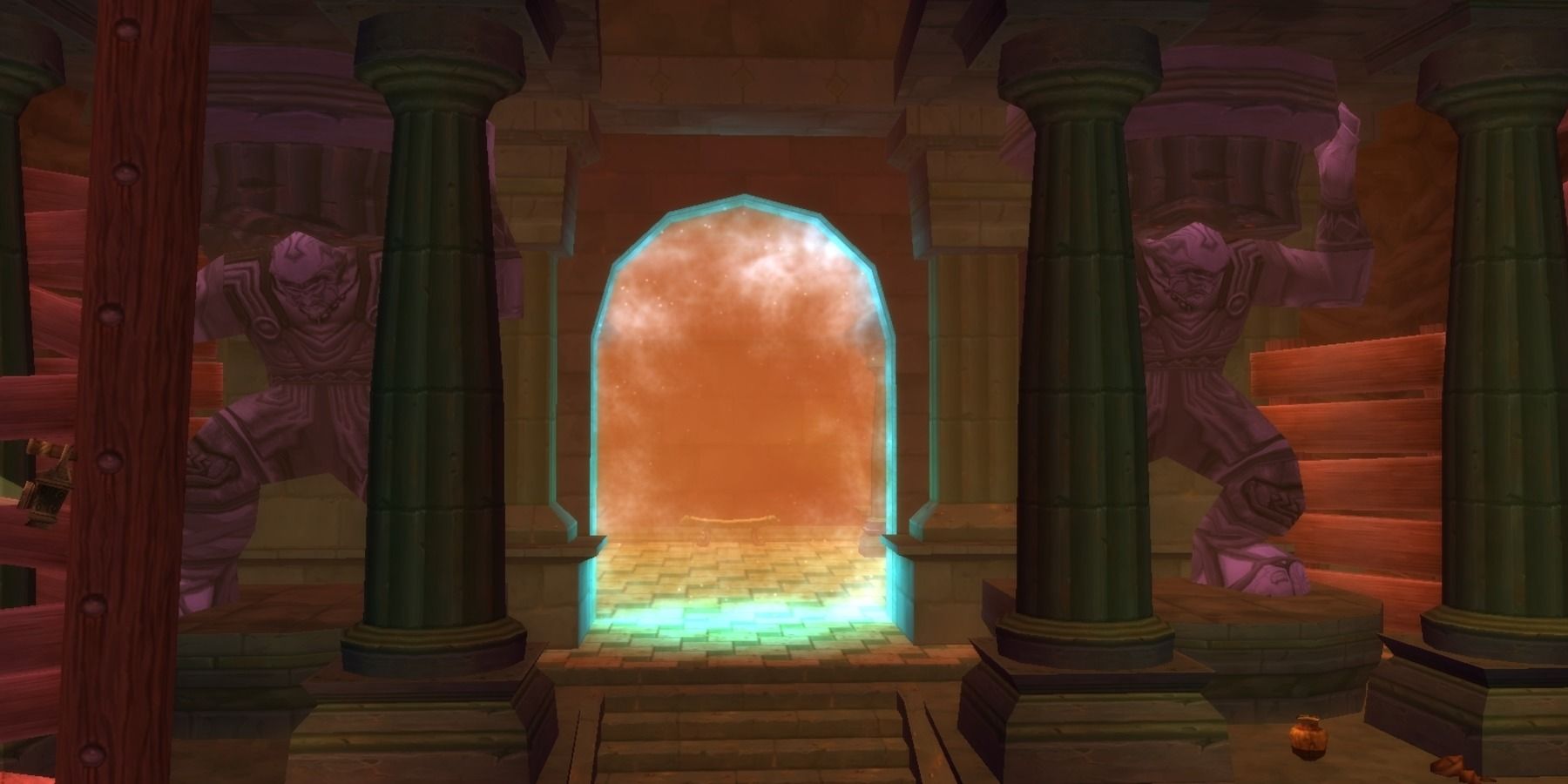 The Uldaman entrance, flanked by giant statues, underground in the mine from WoW classic.
