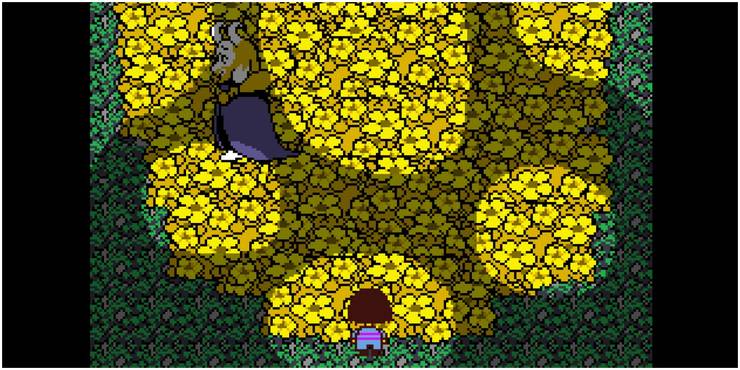 Undertale's protagonist and Asgore in a field of yellow flowers.