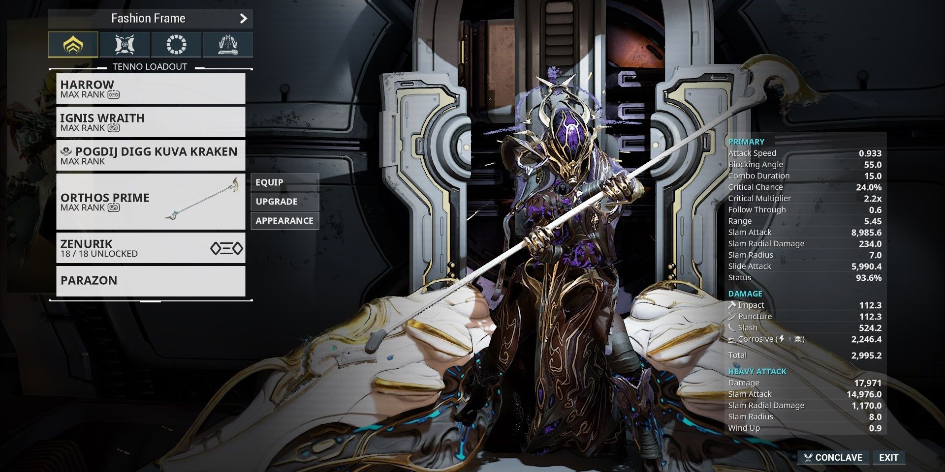 Warframe Orthos Prime and Harrow.