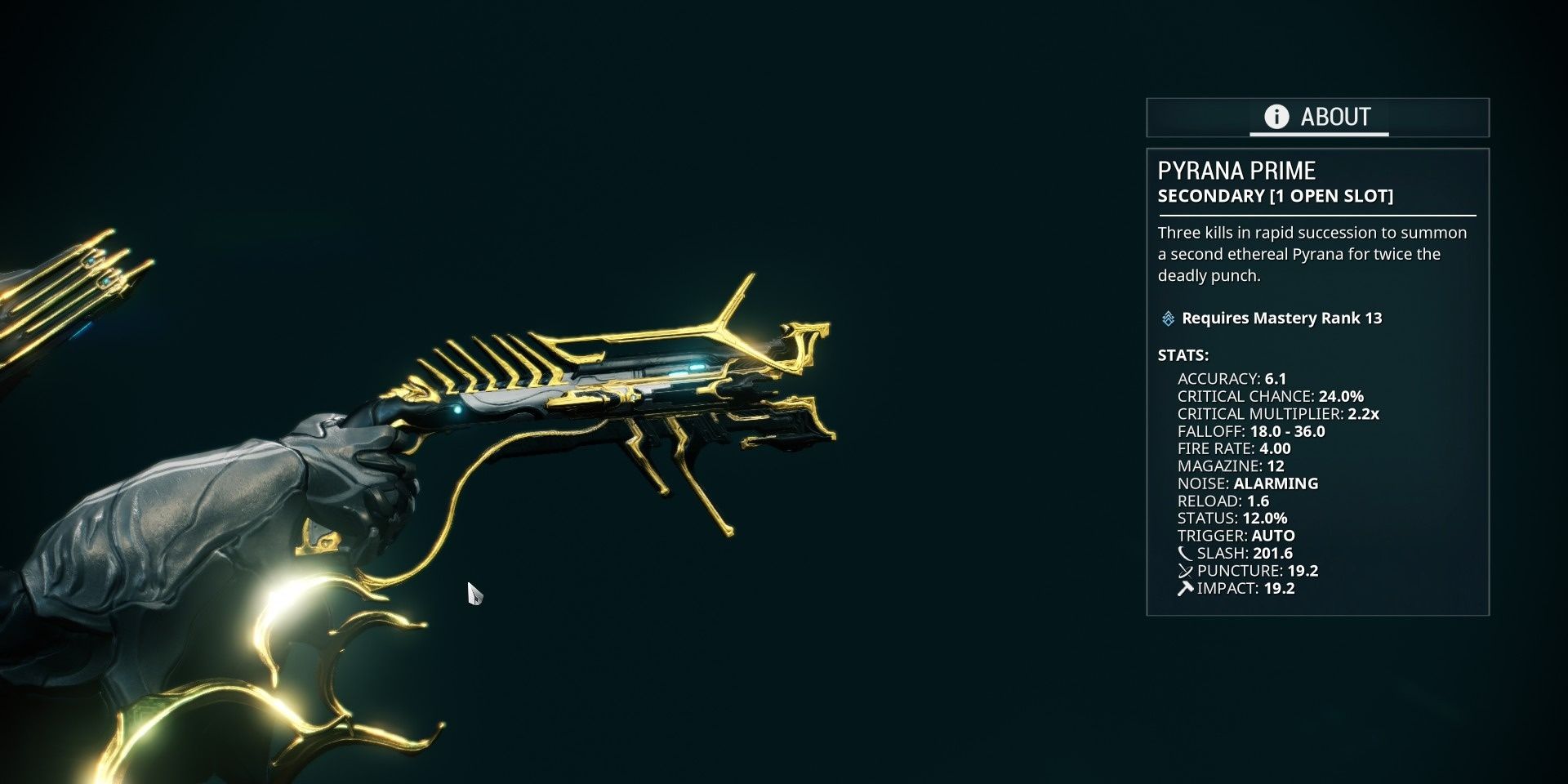 Warframe Pyrana Prime pistol stats.