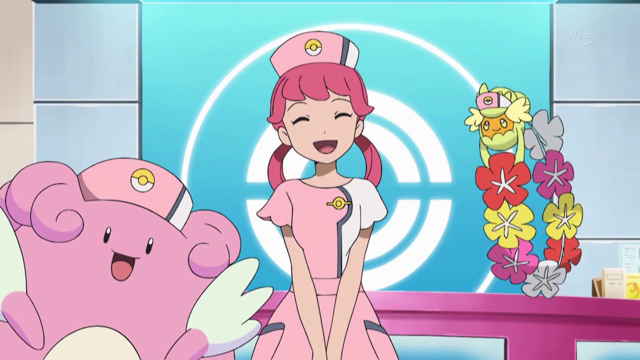 nurse joy, blissey, and comfey wearing hats and working at the pokemon center 