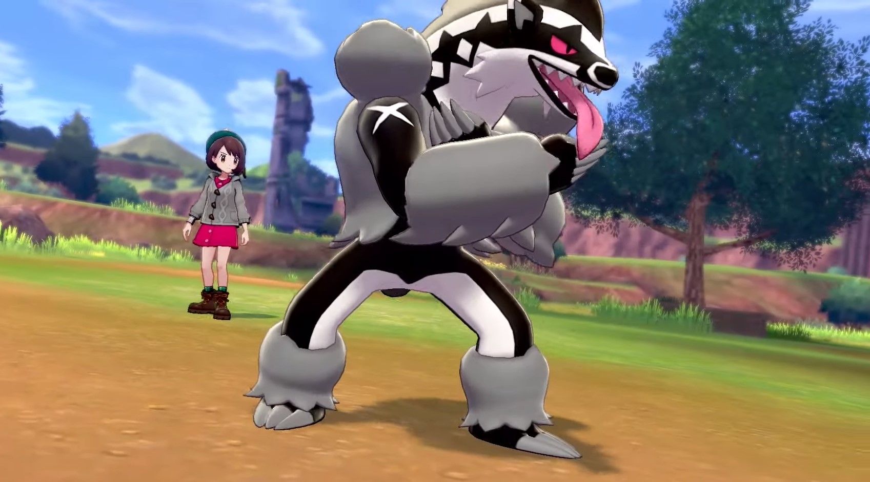 obstagoon in battle in sword and shield with the female avatar trainer behind it 