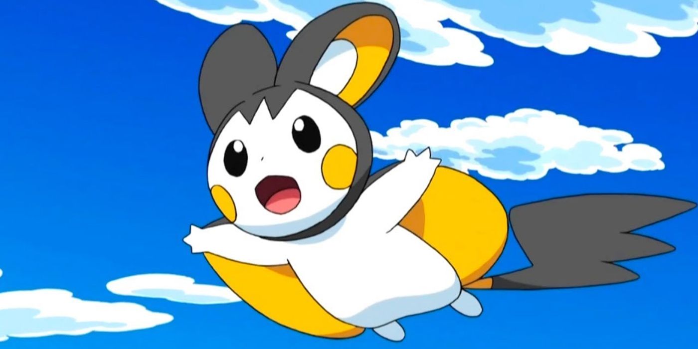 Emolga flying in the air with its arms spread wide and mouth open
