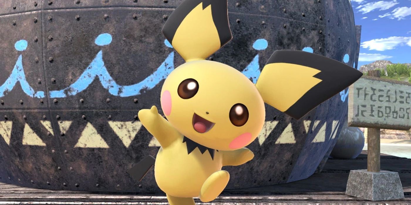 Pikachu smiling at the camera with both arms and one leg lifted into the air