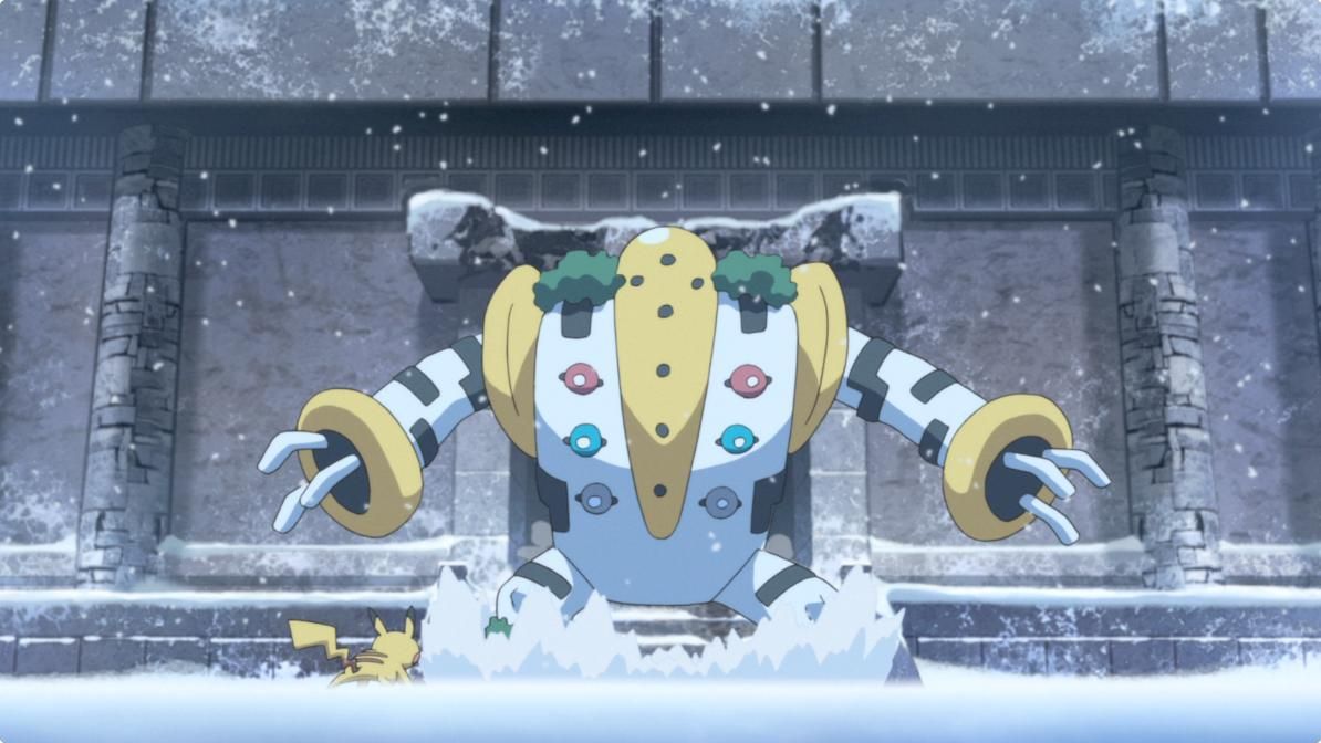 regigigas in the pokemon anime standing in front of pikachu in the snow 